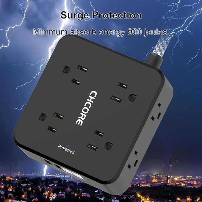 Surge Protector Power Strip - CHCORE 10Ft Braided Extension Cord with 8 Outlets with 4 USB (2 USB C) Charging Ports, Flat Plug Multi Plug Outlet Extender Charging Station for Home Office, ETL, Black