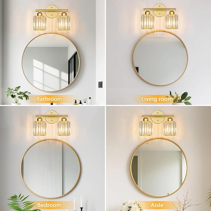 FDPBY Modern 2 Light Crystal Vanity Light, Gold Vertical Bathroom Light Fixture Over Mirror for Dressing Table Sink, Compatible with Dimmable Bulbs (Bulbs Not Included)