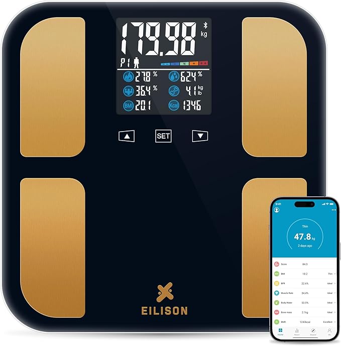 EILISON Smart Bathroom Scale with 4 Electrodes & BIA Technology High-Precision Body Fat Analyzer,Large Color Night Vision Touchscreen,Bluetooth App Sync for 19 Metrics,400LBS Capacity (Smart Black)