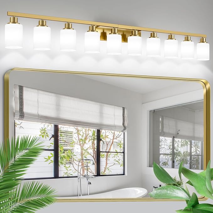 DIKAIDA Gold Bathroom Vanity Light,10-Light Brushed Gold Bathroom Light Fixtures with White Frosted Glass,64.5in Wall Lamp Sconces for Mirror Bedroom,Living Room Hallway,E26