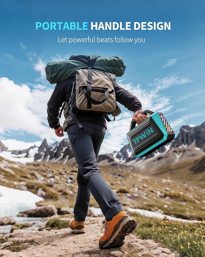 TPWIN Powerful 80W Outdoor Bluetooth Speaker: IPX6 Waterproof, Rugged, 20H Playtime, Deep Bass, Lightshow, TWS, BT 5.3 Wireless, Portable for Travel Hiking Camping Beach Pool - Teal