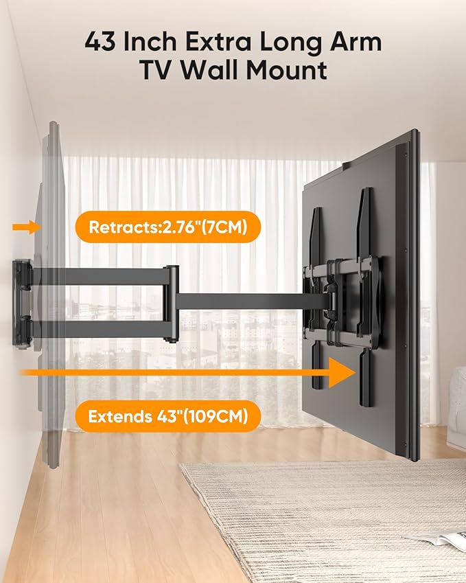 FORGING MOUNT Long Arm TV Wall Mount with 42.9 inch Extension and Power Strip for 60–120 Inch TVs, Heavy Duty Full Motion TV Mount,VESA 900x600mm,up to 275 lbs,Smooth Swivel, Tilt,16”-24” Wood Studs