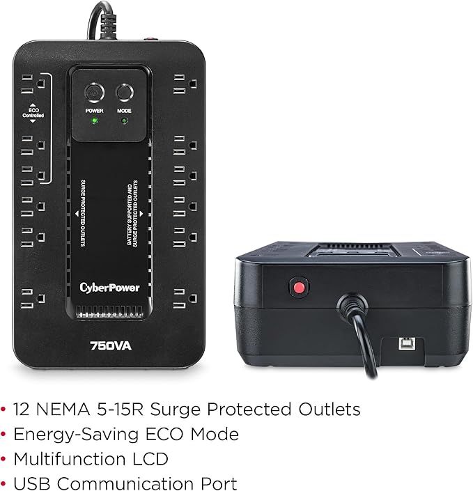 CyberPower EC750G Ecologic Battery Backup & Surge Protector UPS System, 750VA/450W, 12 Outlets, ECO Mode, Compact Uninterruptible Power Supply, Black
