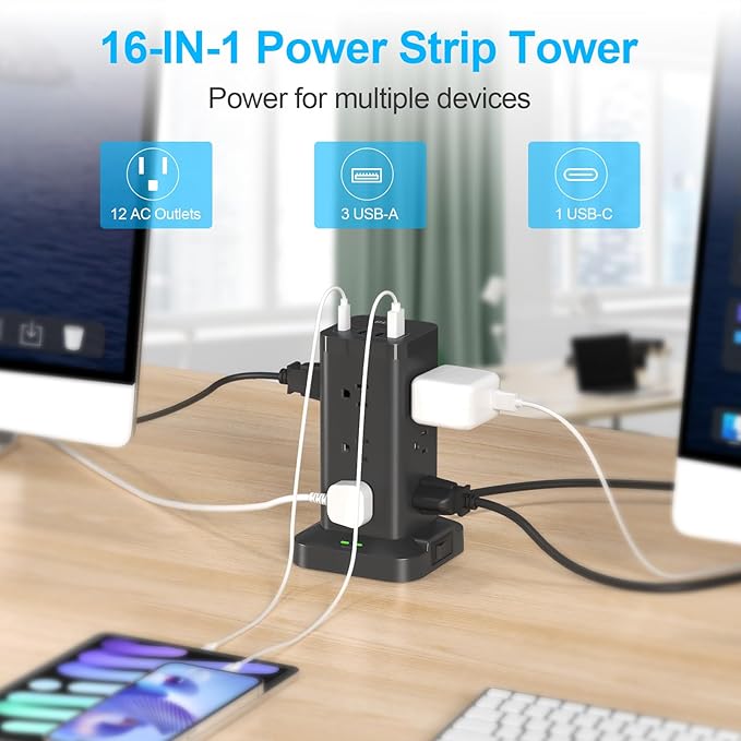 BEVA Power Strip Tower with USB Ports, 6.5 FT Surge Protector Power Tower, 12 AC and 4 USB Ports, 6.5 FT Extension Cord with Multiple Outlets, Office Supplies Office Organization (Black)