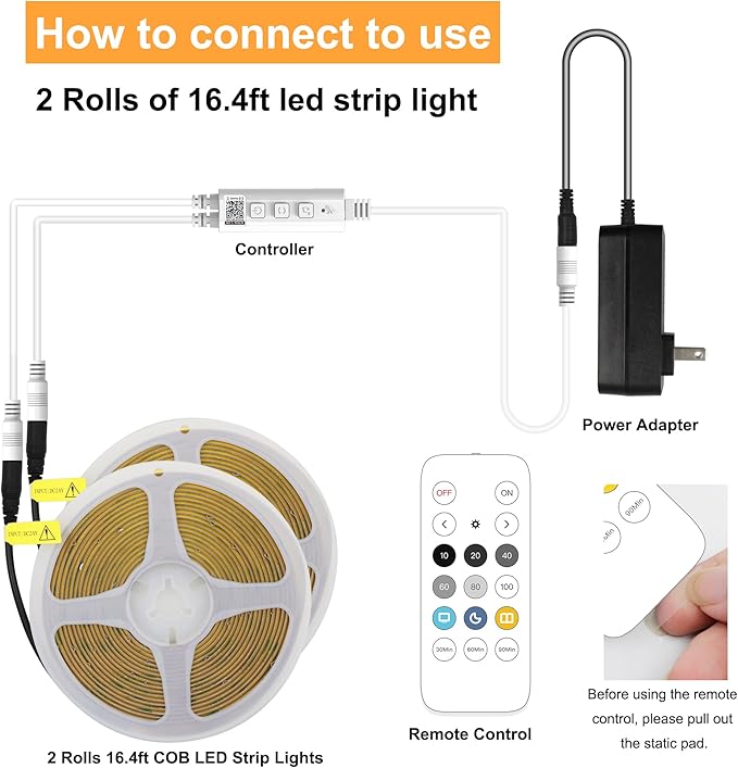 AXMOTUT 32.8ft COB LED Strip Light Warm White, High Bright LED Strips with 320LEDs, RF Remote and UL Power Supply, 3000K Dimmable LED Lights for Bedroom,Kitchen, DIY Home Decoration, 2 Rolls of 16.4ft