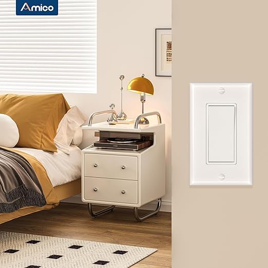 Amico 50 Pack Single Pole Light Switch with Wall Plate, UL Listed, 15A 120/277V, On/Off Rocker Paddle Interrupter Wall Switch, Grounding Screw, Residential Grade, Suitable for Home and Business, White