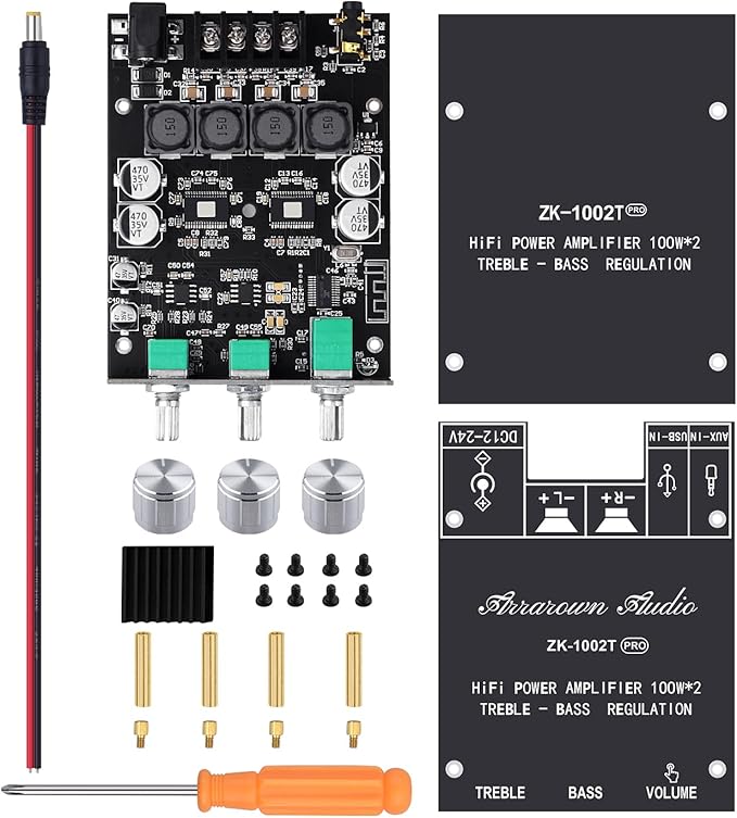 ARRAROWN ZK-1002T PRO 2.0 Channel Bluetooth 5.0 Amplifier Board 200W HiFi Subwoofer Audio AMP with Treble and Bass, BT USB and AUX Inputs, DC 12-24V 2.0 Channel Stereo AMP Module for DIY Speakers