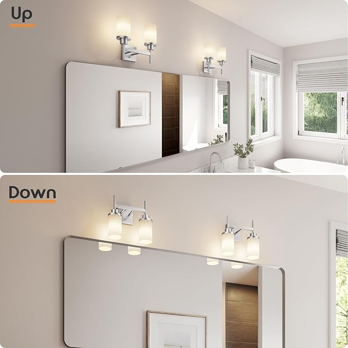 AONEON Bathroom Light Fixtures Brushed Nickel Vanity Lights with White Frosted Glass Shade, Double Wall Lamps for Mirror Kitchen Living Room Porch T001BR-L2