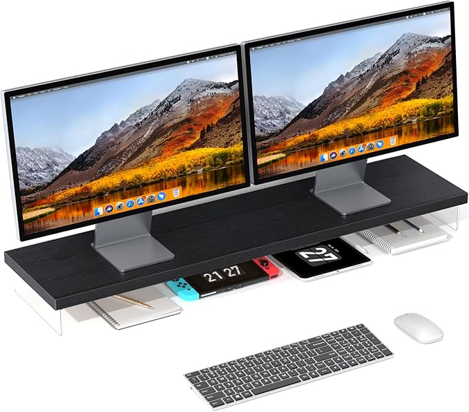 SSWOOD Dual Monitor Stand Riser, 40" Large Computer Monitor Stands for 2 Monitors, Wooden Desktop Organizer Shelf for Office Desk Computer, Laptop, TV, Monitor, Printer