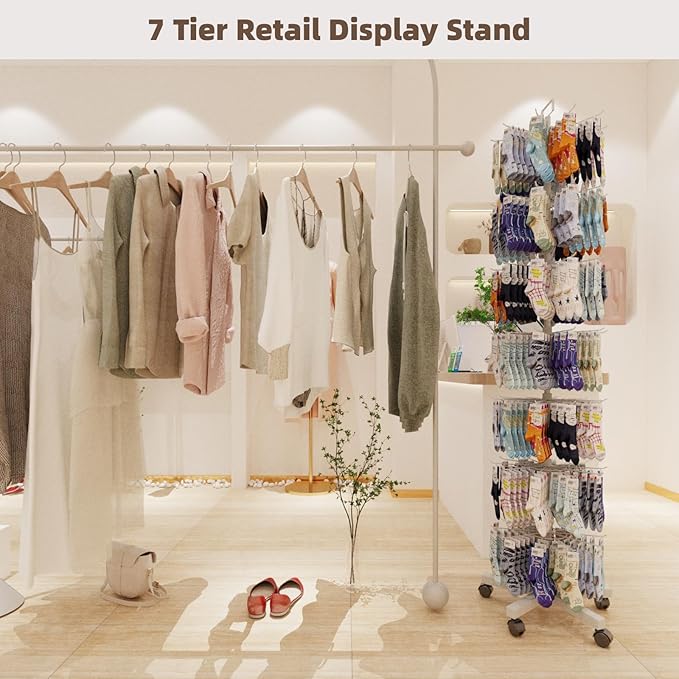 YEOOE Upgraded Retail Display Stand 7 Tier Spinning Display Stand, Movable Shop Spinner Rack with Hooks, Retail Display Racks for Jewelry Keyring Hats Socks Toys (White)