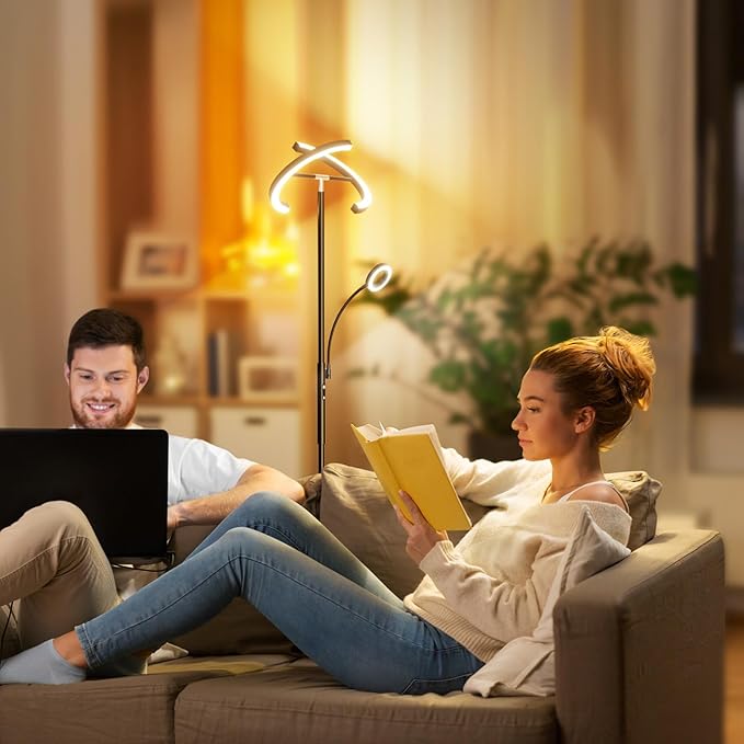 SIBRILLE LED Floor Lamp for Living Room - Modern Standing Lamp with Reading Light, Remote Touch Control Floor Light Dimmable Mother-Daughter Tall Bedroom Lamp for Couch Office, 29W, Black