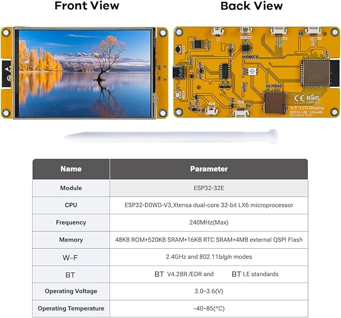 Hosyond 4.0'' 320x480 Touch Screen with ESP32-32E ESP32 Display with WiFi+BT, ST7796S Driver LCD TFT Screen Module for Arduino IoT