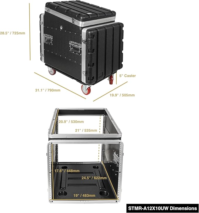 Sound Town Lightweight and Compact 10U ATA ABS Rack Case, with Slant Mixer Top, Casters, 24.5" Depth, 12U Top and 10U Side Spaces (STMR-A12X10UW)