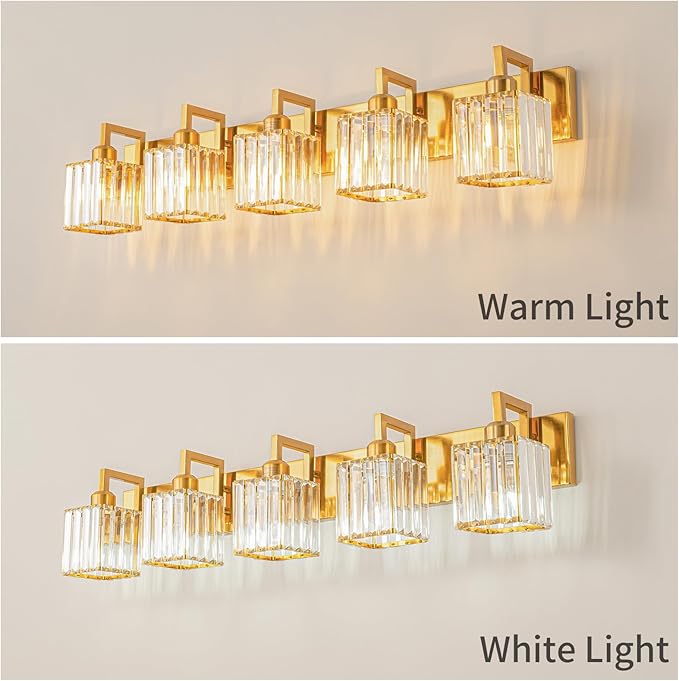 FDPBY Modern Bathroom Vanity Light 5-Lights Chrome Crystal Wall Lamp Bathroom Modern Crystal Vanity Lighting