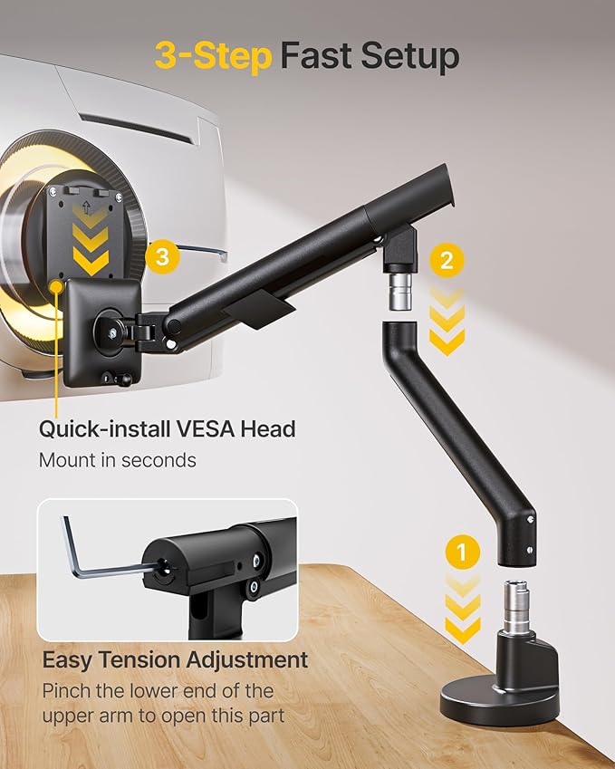 monTEK Single Monitor Arm for 17-40 Inch Screens, Up to 24.25lbs, Heavy Duty Monitor Mount with VESA Mount, Full Motion Adjustment Monitor Stand C-Clamp/Grommet Base, MA1010BK