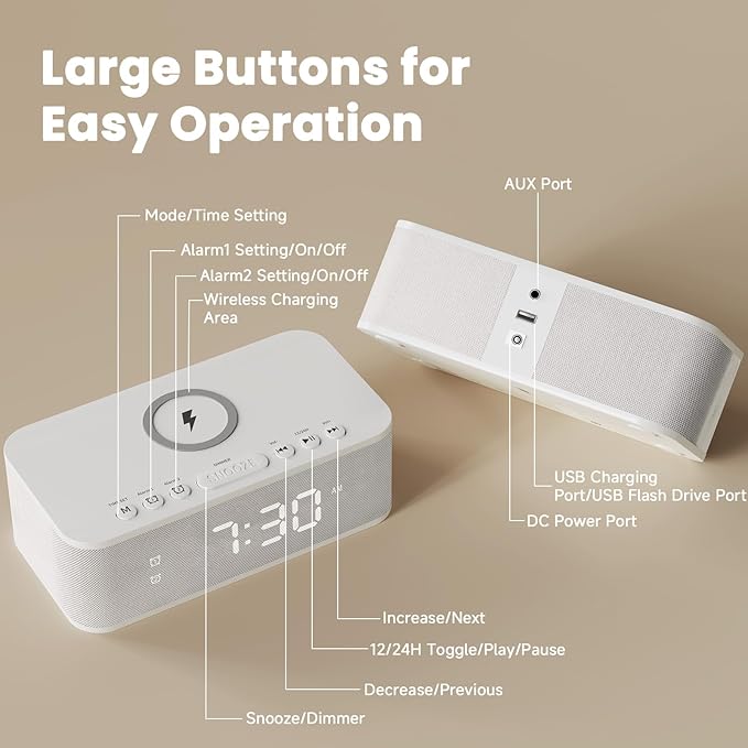 Fansbe Direct Digital Alarm Clock White Noise, Loud Digital Alarm Clocks Bedrooms, Alarm Clock Speaker Wireless Charger AUX USB Bluetooth Speaker 12/24H Dual Alarm Snooze Adjustable Brightness, White