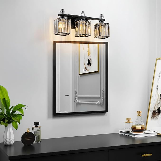 FDPBY Black Bathroom Vanity Lights Crystal Vanity Light Bathroom Lighting Fixtures 3 Light Modern Vanity Lighting Fixtures