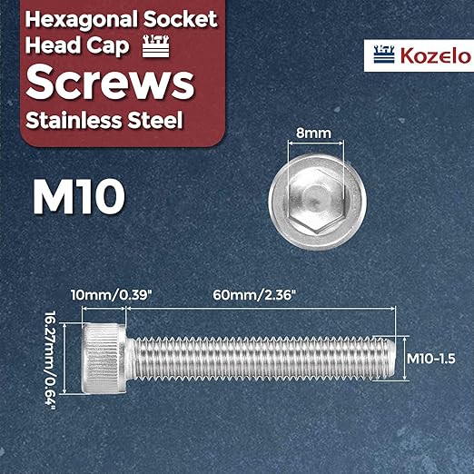 Kozelo 4pcs Socket Head Cap Screws - [M10-1.5 x 60mm] 304 Stainless Steel Allen Socket Drive for Electrical Motor 3D Printing Fan Engine Replacement Use, Silver