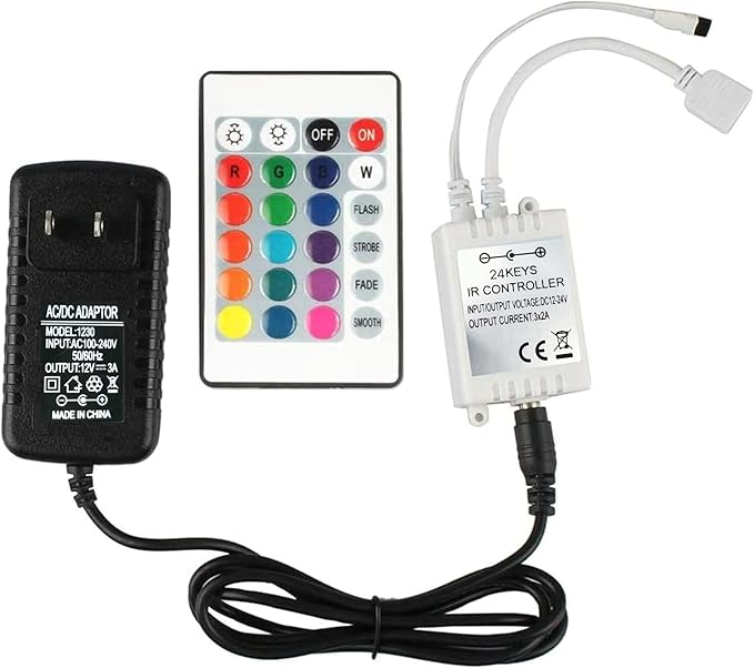 GALYGG 24 Key LED Strip Lights IR Remote Controller, Wireless Rectifier Control Box, DC 12V 3A Power Supply Plug Adapter for 2835 3528 5050 RGB LED Strip Lights Flexible Tape Lighting