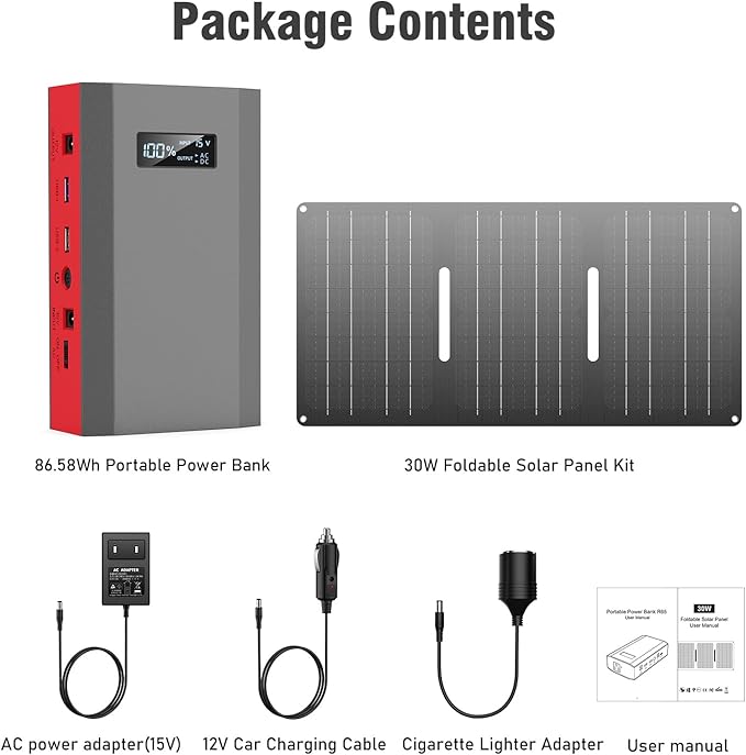 Portable Solar Power Bank with AC Outlet 65W 110V External Battery Pack, 23400mAh Portable Laptop Charger with Foldable Solar Panel 30W for Outdoor Smart Device Camping Hiking Trip Off Grid Backup