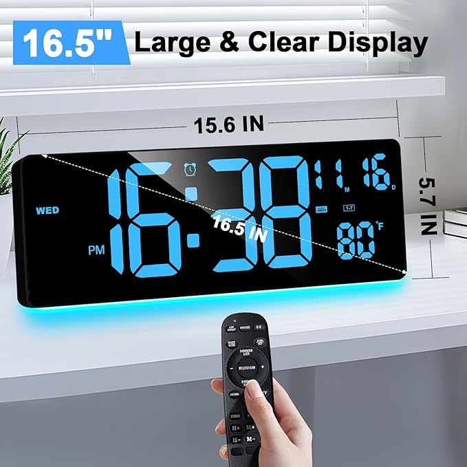 XREXS Digital Wall Clock Large Display, 16.5" LED Wall Clock with 6 Color Changes Night Lights, Auto DST, Count Up/Down Timer with Remote Control for Living Room Bedroom Office Wall Decor