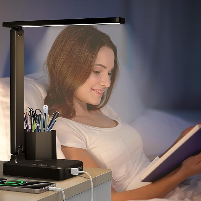 LED Desk Lamp with 3 USB Charging Ports 1 AC Outlet Small Table Lamp for Home Office/Bedroom/Study/College/Dorm Room Essentials, Foldable Reading Light w/Pen Holders for Craft/Artist/Puzzle/Nail/Task