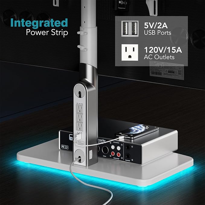 LLDEPLL Universal TV Stand Tabletop TV Mount with Power Outlet for 50-90 Inch OLED LED Monitors, 9 Levels Height Adjustment, Ambient Lighting on The Bottom Holds up to 150lbs, White Max Vesa 600x400mm