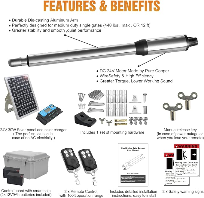JUJIANG C01 Solar Gate Opener with Batteries & Solar Panel for Single Swing Gates Up to 440lb 12FT Automatic Gate Openers with Remote Complete Kit Light Duty Automatic Gate Openers Solar Powered