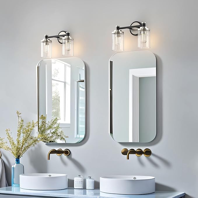 PHIXART Bathroom Lighting Fixtures Black and Brushed Nickel Bathroom Vanity Light with Cylindrical Clear Stripes Glass Lampshade E26 Socket Base Bathroom Lighting Fixtures Over Mirror (2 Lights)