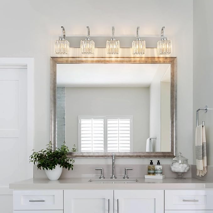 FDPBY Crystal Vanity Lights 5-Light Chrome Bathroom Vanity Lights Modern Crystal Bathroom Light Fixtures Over Mirror 42.51" Long Vanity Light for Bathroom