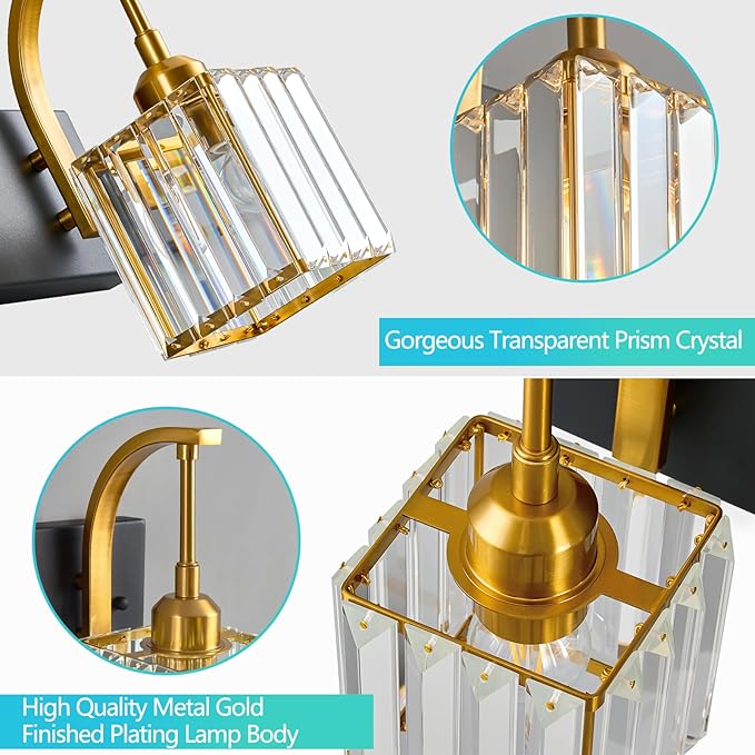 FDPBY Crystal Vanity Lights 4-Light Black Gold Bathroom Vanity Lights Modern Crystal Bathroom Light Fixtures Over Mirror 32.67" Long Vanity Light for Bathroom