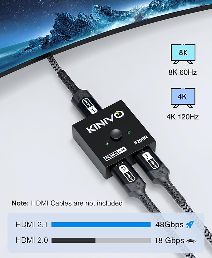 Kinivo 8K HDMI Switch 2 in 1 Out - (Uni-Directional, 8K 60Hz, Ultra HD Switcher Hub, 48Gbps HDMI Hub, HDR10+ Selector, Manual Switching Only) - Compatible with HDTV, PS5/4, Xbox, Projector
