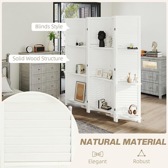 HOMCOM Room Divider, 5 Panel 67" Tall Wood Privacy Screen with 3 Display Shelves, and Folding Storage for Bedroom or Home Office, White