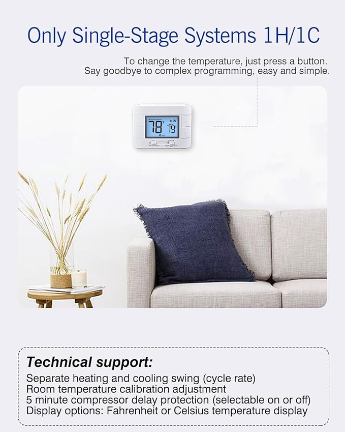 Aowel Non Programmable Thermostat for Home 1 Heat/ 1 Cool Single-Stage System, with Room Temperature Monitor (LCD White Backlit Screen)