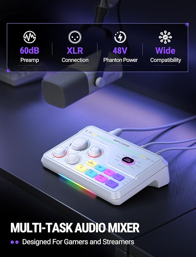 FIFINE Audio Mixer for Gaming with 7.1ch Surround Sound-Volume Knob-Mute-Voice Chat, RGB Computer Mixer with XLR Mic Interface Compatible wtih TV for Live Streaming-AmpliGame SC8W