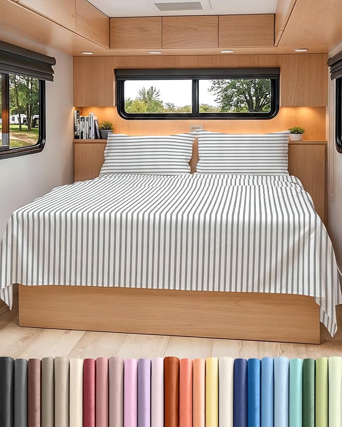 RV Short Queen Sheet Set 60 X 75 - 4 Piece RV Short Queen Bed Sheets - Soft, Breathable & Cooling - Designed for Bunks, Trailers & Campers - Fits 8” to 12" Mattress - Luxury Bedding - Grey Stripes 2