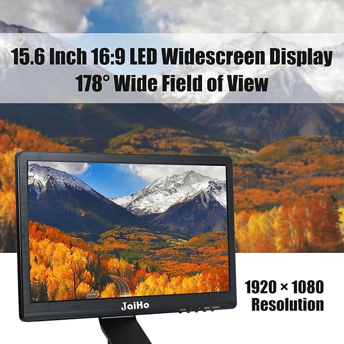 JaiHo 15.6 Inch 60Hz Computer Monitor - 1920×1080P Widescreen Display Screen - 16:9 Office PC Monitor with Multifunctional Input - Gaming Monitor for Gaming CCTV Raspberry Pi PC - VESA Mounting