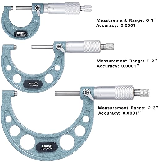 REXBETI 3Pcs Outside Micrometer Set, 0-3" Machinist Micrometer, Ultra-Precision Carbide Tipped Measuring Tool Set, 0.001" Graduation, +/-0.0001" Accuracy, Protective Case