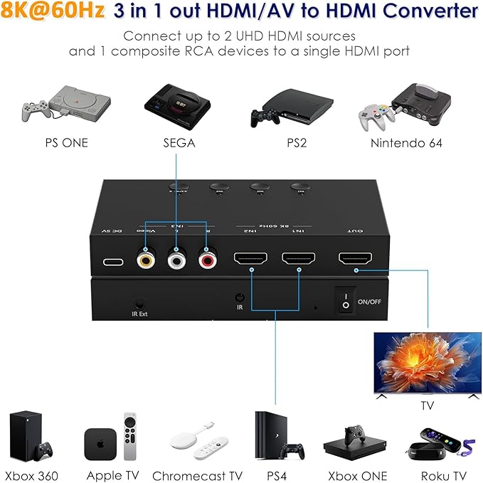 3-Port 8K@60Hz HDMI Switch with AV Input, 2X HDMI & 1x RCA to HDMI Converter Supports HDR10, HDCP 2.2, 3D with IR Remote Control, Compatible with Xbox/PS2/Nintendo Switch,Xbox,PS5/PS4,Roku,Apple TV