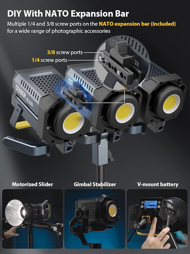 Video Light, COLBOR CL220M LITE 220W Continuous Output Lighting 2700-6500K CRI96+ 10,800Lux at 3.3ft COB Studio Light with 7 Light Effects Bowens Mount APP, Video-Light-Studio-LED-Photography