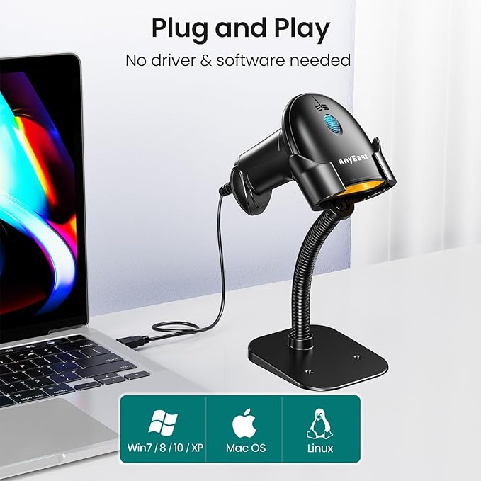 Anyeast Barcode Scanner with Stand: USB Wired Inventory 2D 1D QR Code Scanner,Compatible with Computer POS MAC with Automatic Scanning, Handheld Barcode Reader for Library Supermarket（Yellow）