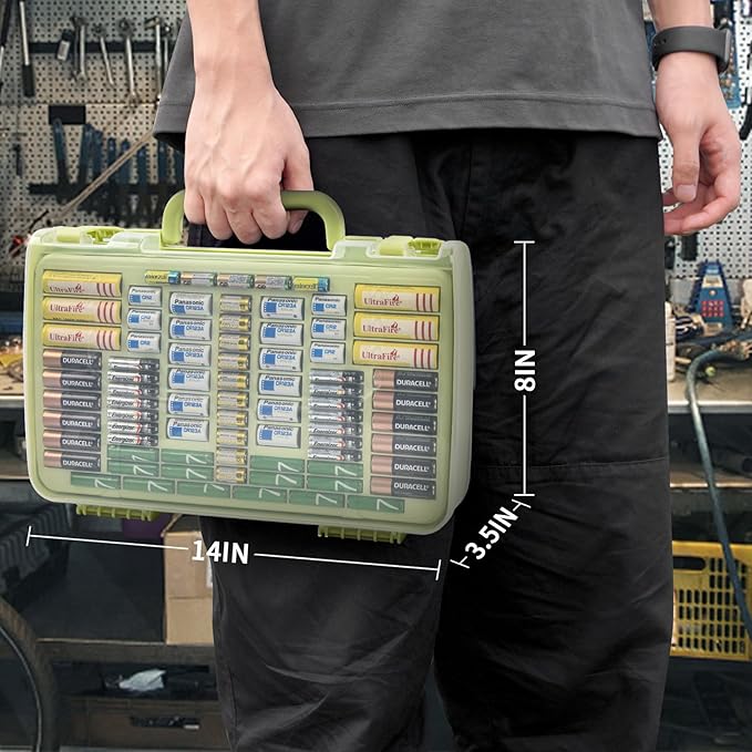 Aptbyte Battery Organizer Storage Holder Box Case with Tester- 269 Batteries Double-Sided Variety Pack, Holds AA AAA 4A C D Cell 9V 3V Lithium LR44 CR2 CR123 CR1632 18650 Button- Green (Box Only)