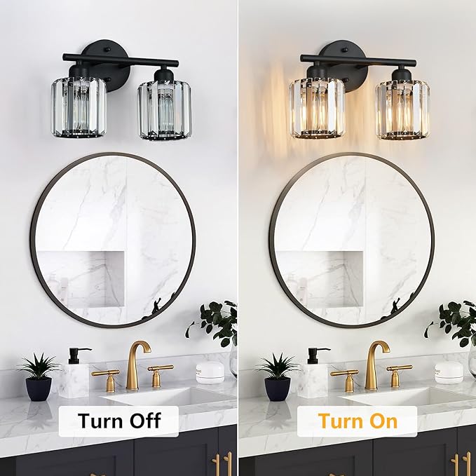 FDPBY Modern 2 Light Crystal Vanity Light, Black Vertical Bathroom Light Fixture Over Mirror for Dressing Table Sink, Compatible with Dimmable Bulbs (Bulbs Not Included)