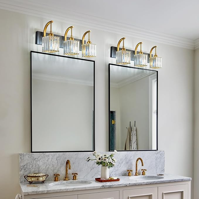 FDPBY Crystal Vanity Lights 3-Light Black Gold Bathroom Vanity Lights Modern Crystal Bathroom Light Fixtures Over Mirror 23.62" Long Vanity Light for Bathroom