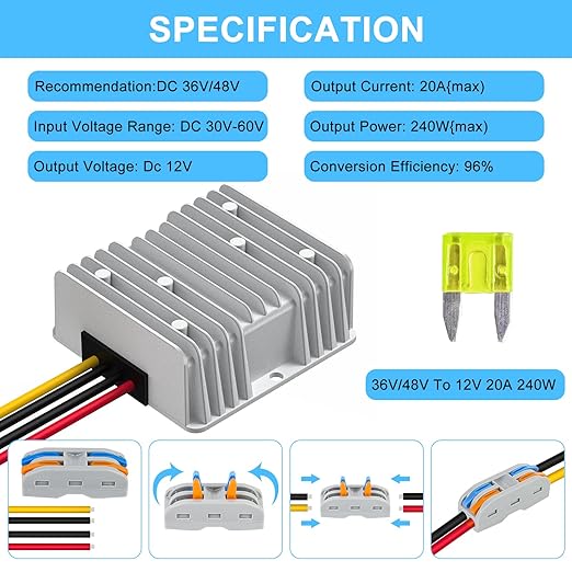 SUPERNIGHT 48V 36V to 12V Voltage Converter 240W 20A Regulator Step Down to 12V DC- DC Convert Reducer with Fuse Waterproof Power Supply Transformer Module for Golf Cart Scooters