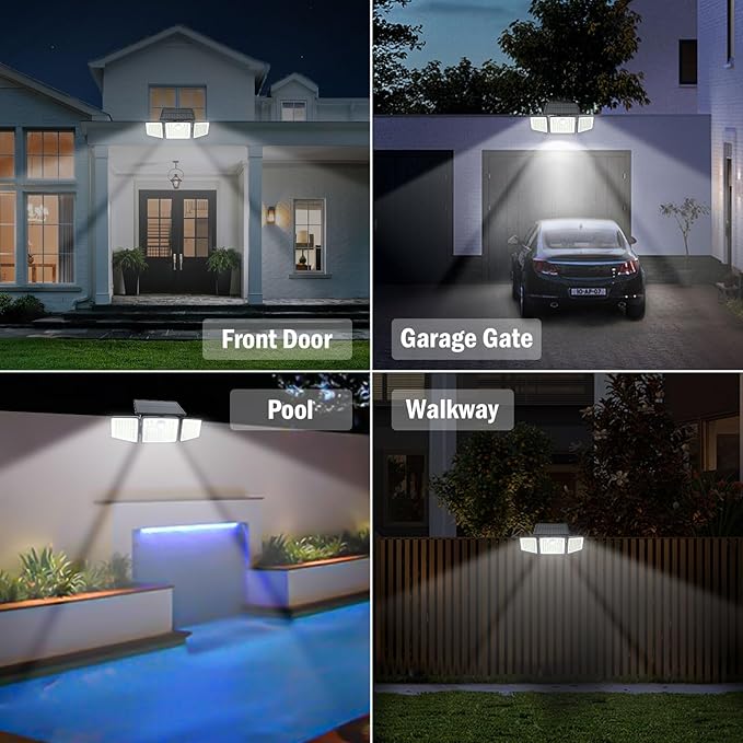 daphino 2500LM Solar Lights Outdoor with Motion Sensor,3 Head 270° Wide Angle Street Area Lights,IP65 Waterproof Security Lighting with 3 Modes(Remote,4 Pcs)