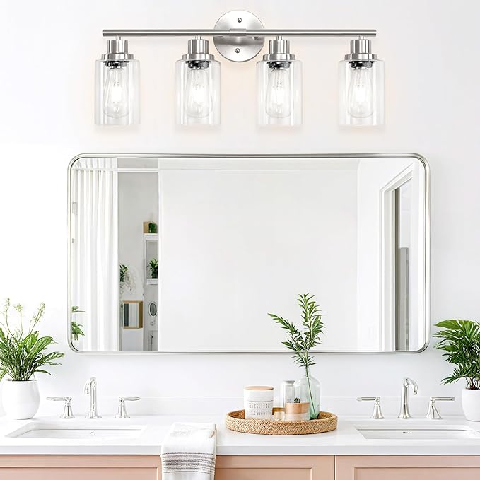 Guliaofo 4-Light Nickel Bathroom Light Fixtures, E26 Modern Vanity Lights for Bathroom with Clear Glass Shade, Wall Lamps for Mirror Hallway Kitchen Cabinet Living Room Sconces Lights