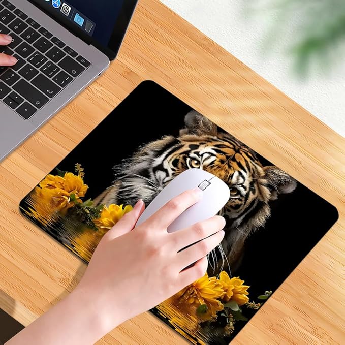 Tigers and Yellow Flowers Square Mouse pad, Texture, Waterproof, Anti Slip Rubber Base, Computer Mouse pad, Laptop Mouse pad