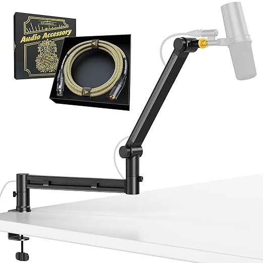 AA AUDIO ACCESSORY Low Profile Mic Boom Arm with Gold Series Star Quad XLR Cables 10ft