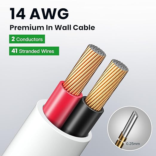 Fire Safety CL2 Speaker Wire in-Wall & in-Ceiling 14 Gauge Wire 30 FT CCA Cord 2 Conductors Red Black Speaker Cable for Indoor Home Theater System,Car Audio Soft White Jacket
